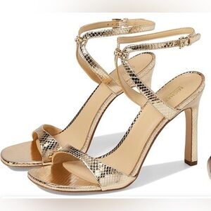 MICHAEL Michael Kors Amara High Sandal Met Embossed Snake Leather in Pale Gold.